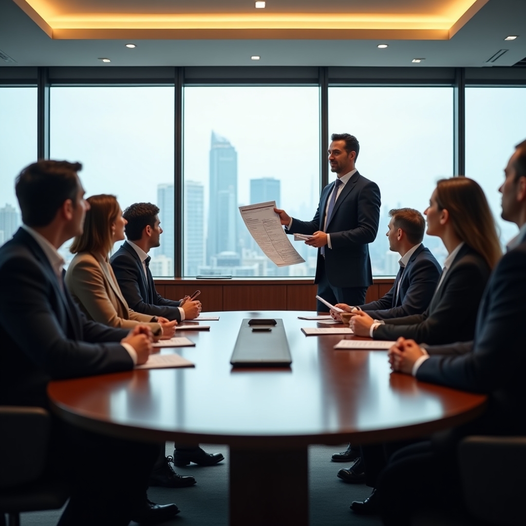 Corporate financial training session with employees in a conference room