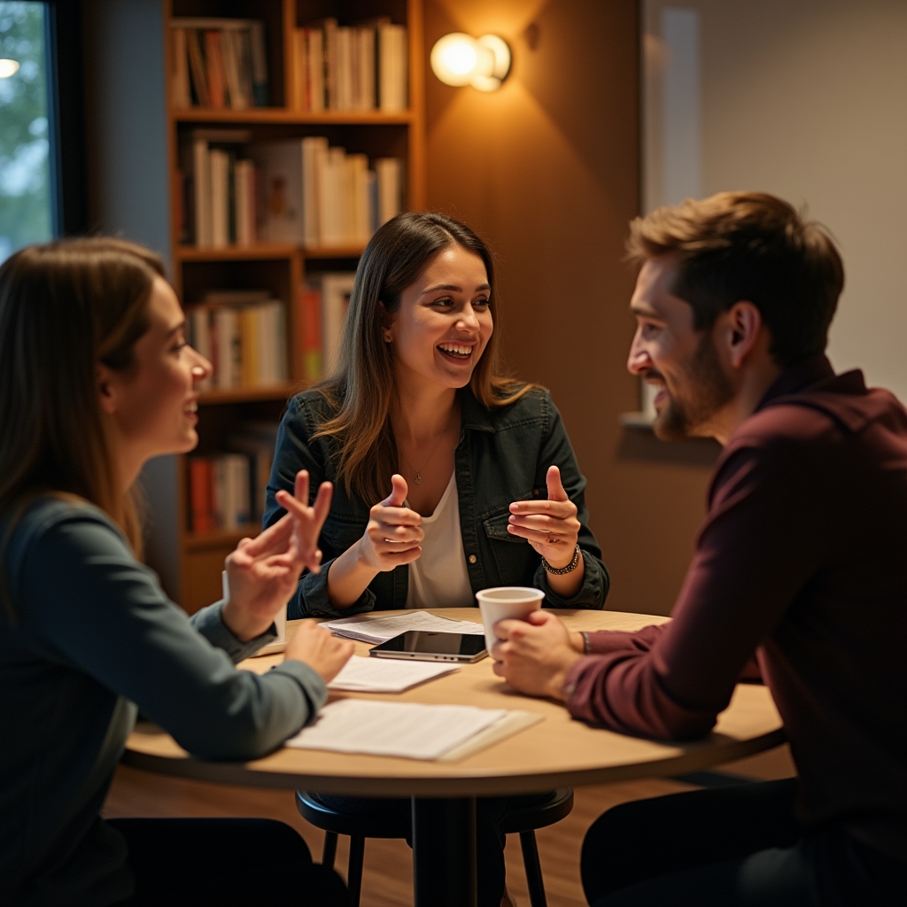 Small team engaged in a focused discussion about financial education strategy around a table