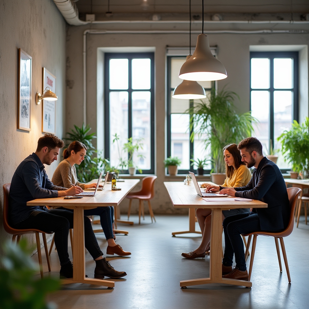 Young Argentine professionals in a casual collaborative setting, working on laptops and notebooks in a bright modern space
