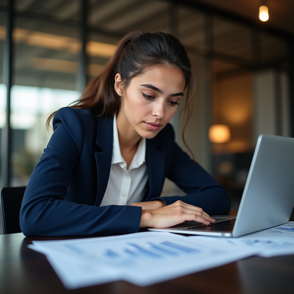 Young professional studying financial documents at a modern desk